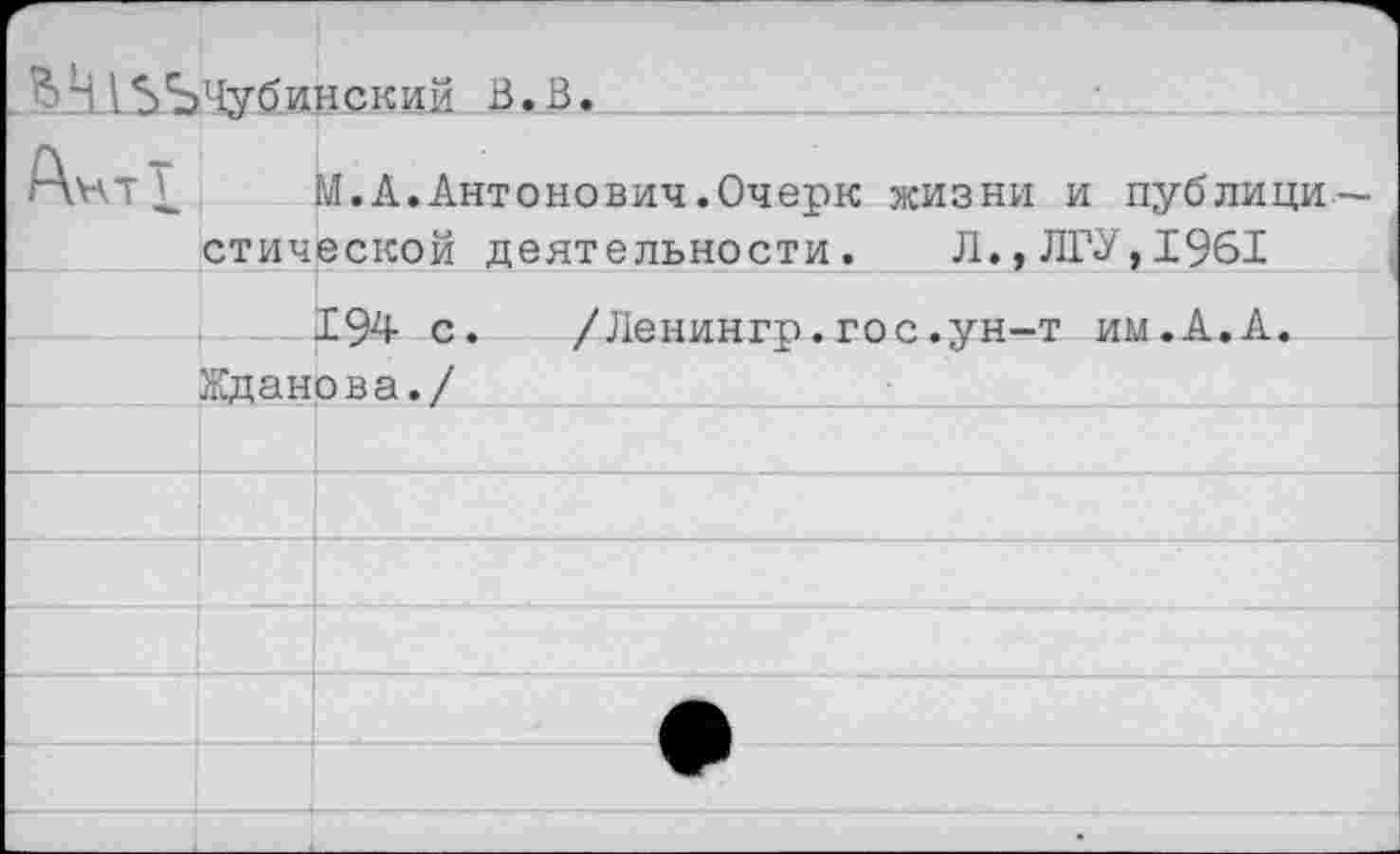 ﻿Н1 Ь'ЬЧубинский В. В.
АнтТ М.А.Антонович.Очерк жизни и публици стической деятельности. Л.,ЛГУ,1961
194 с. /Ленингр.гос.ун-т им.А.А. Жданова./